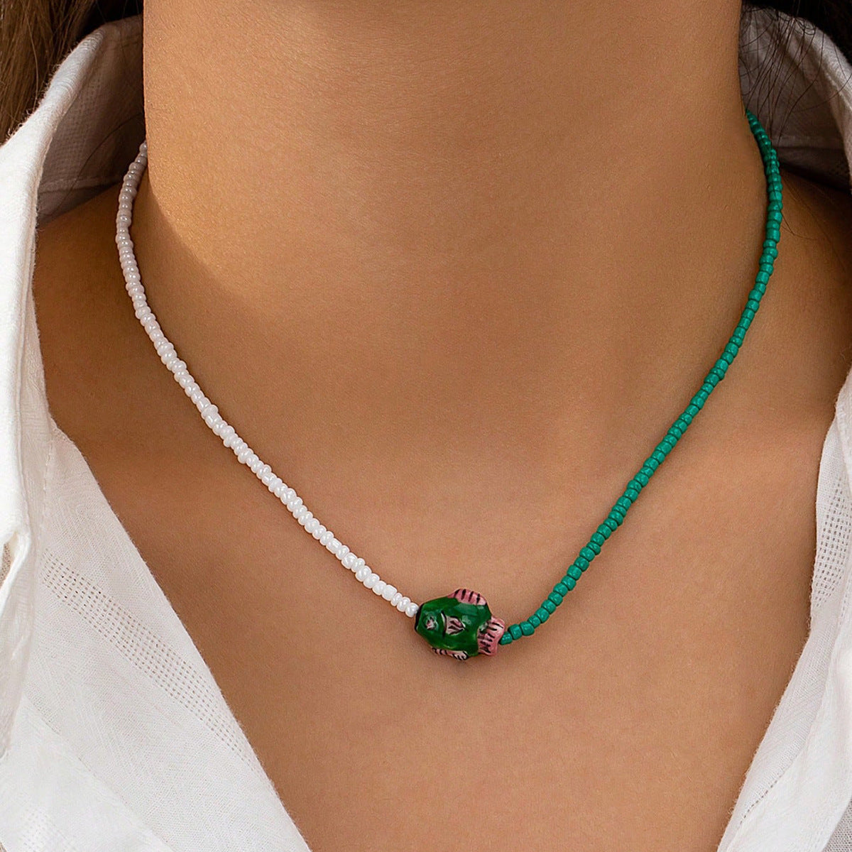 Wholesale Bohemian Summer Glass Bead Fish Starfish Pendant Necklace